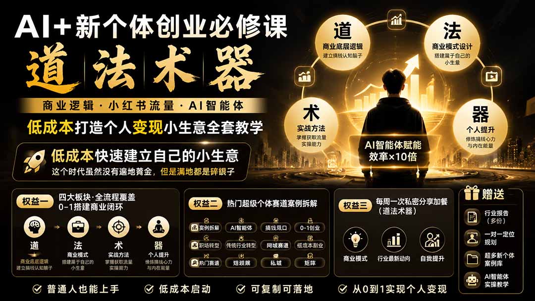 AI+新个体创业必修课-更新0922｜道法术器｜商业逻辑·小红书流量·AI智能体｜低成本打造个人变现小生意全套教学-皮皮网创