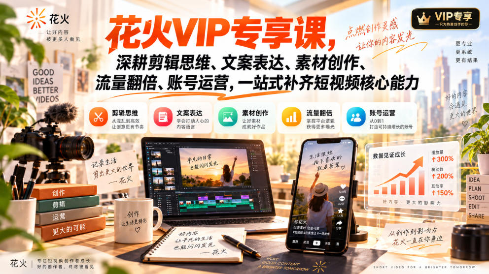 花火VIP专享课,深耕剪辑思维、文案表达、素材创作、流量翻倍、账号运营,一站式补齐短视频核心能力-皮皮网创