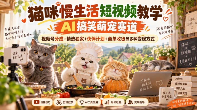 猫咪慢生活短视频教学，AI搞笑萌宠赛道，视频号分成+精选独家+伙伴计划+商单收徒等多种变现方式-皮皮网创