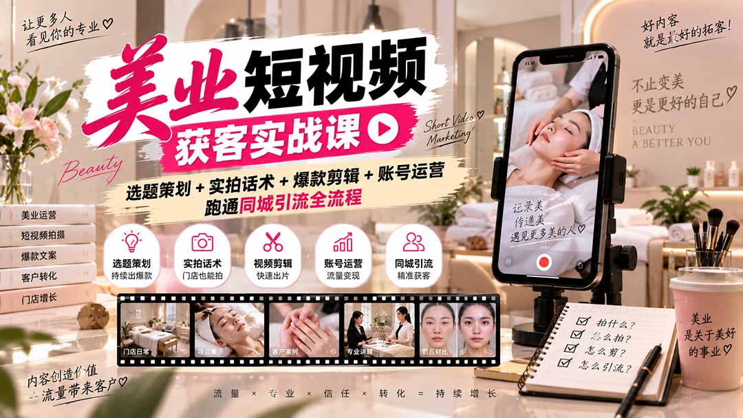 美业短视频获客实战课-无水印:选题策划+实拍话术+爆款剪辑+账号运营,跑通同城引流全流程-皮皮网创