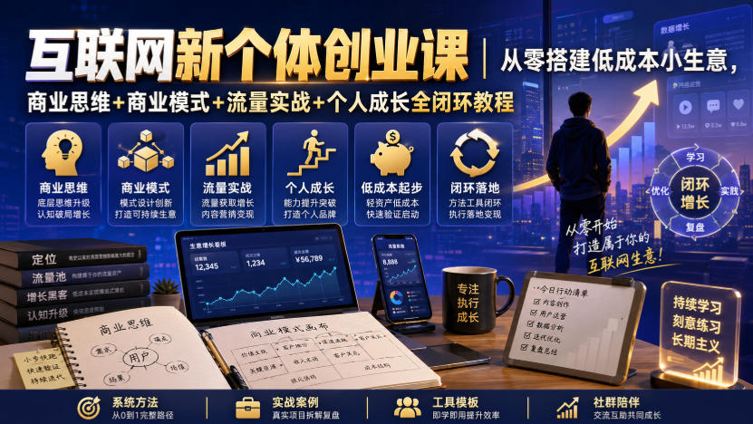 互联网新个体创业课｜从零搭建低成本小生意，商业思维+商业模式+流量实战+个人成长全闭环教程(更新0922)-皮皮网创