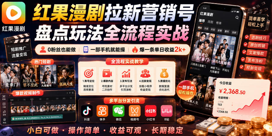 红果漫剧拉新营销号盘点玩法全流程实战,0粉丝也能做,一部手机就能做,爆一条单日收益2k+(更新0922)-皮皮网创