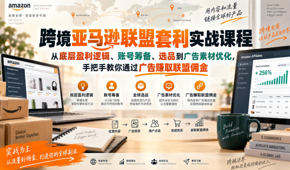 跨境亚马逊联盟套利实战课程,从底层盈利逻辑、账号筹备、选品到广告素材优化,手把手教你通过广告賺取联盟佣金-皮皮网创