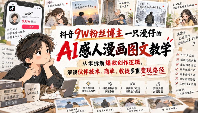 抖音9W粉丝博主一只漫仔的AI感人漫画图文教学，从零拆解爆款创作逻辑，解锁伙伴技术、商单、收徒多重变现路径-皮皮网创
