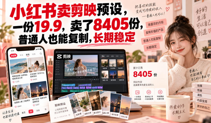 小红书卖剪映预设,一份19.9,卖了8405份,普通人也能复制,长期稳定-皮皮网创