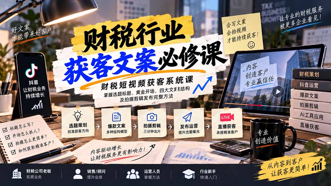 财税短视频获客系统课：掌握选题标题、黄金开场、四大文案结构及拍摄剪辑发布完整方法-皮皮网创
