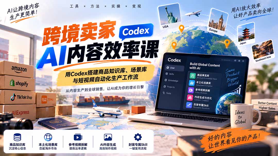 跨境卖家AI内容效率课：用Codex搭建商品知识库、场景库与短视频自动化生产工作流-皮皮网创
