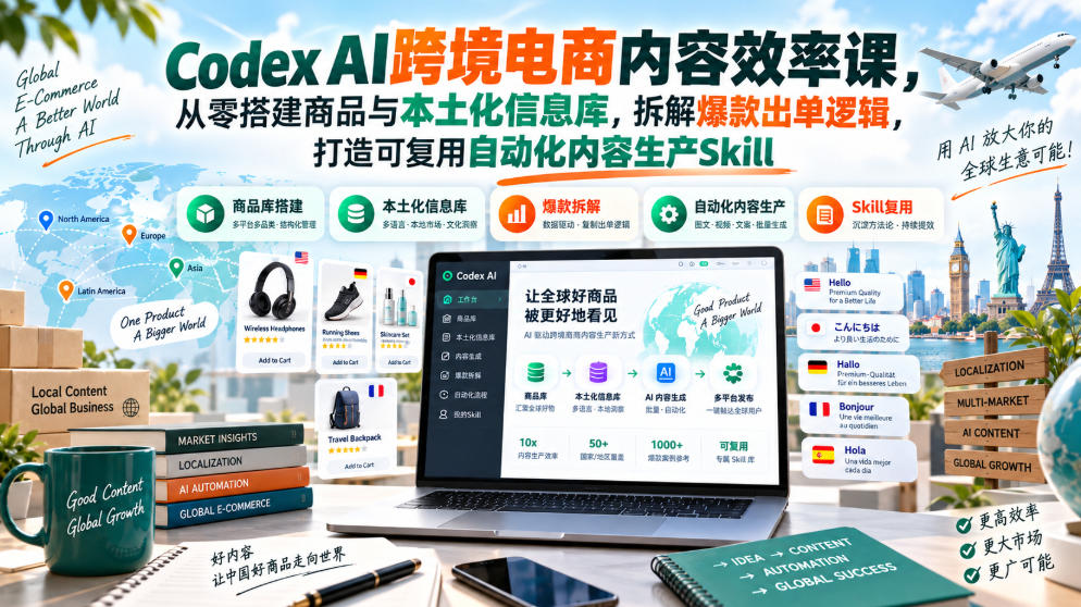 Codex AI跨境电商内容效率课,从零搭建商品与本土化信息库,拆解爆款出单逻辑,打造可复用自动化内容生产Skill-皮皮网创