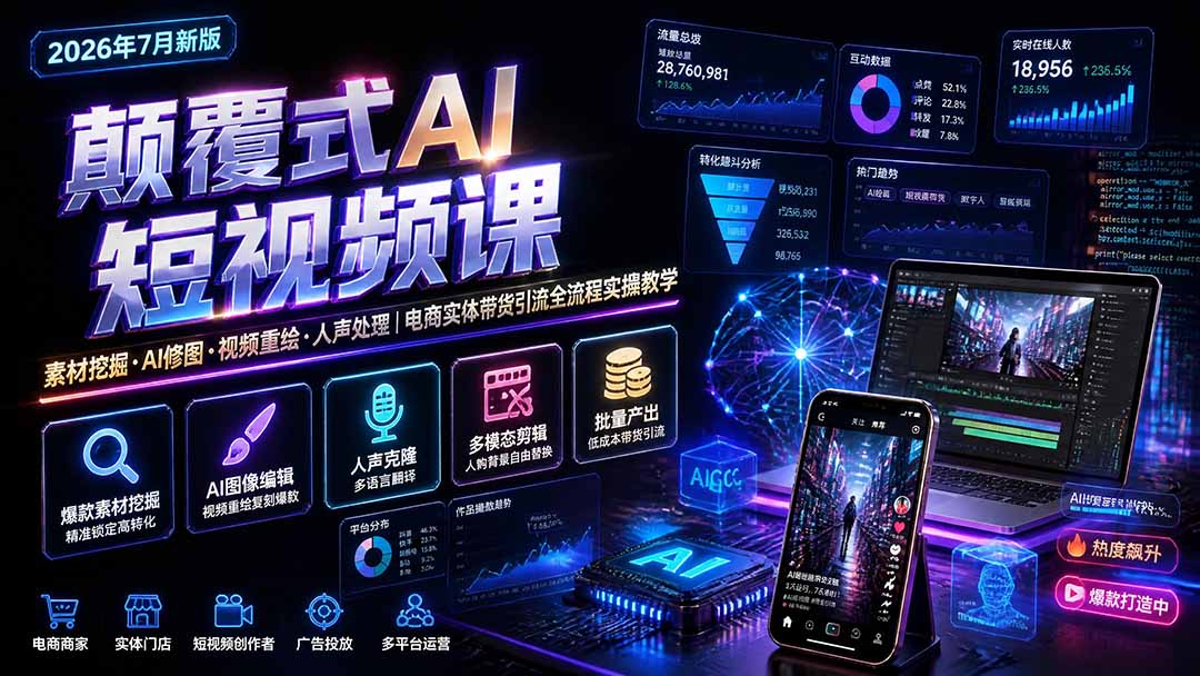 颠覆式AI短视频课-更新｜素材挖掘，AI修图，视频重绘，人声处理｜电商实体带货引流全流程实操教学-皮皮网创
