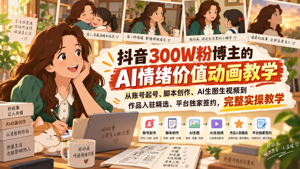 抖音300W粉博主的AI情绪价值动画教学，从账号起号、脚本创作、AI生图生视频到作品入驻精选、平台独家签约，完整实操-皮皮网创
