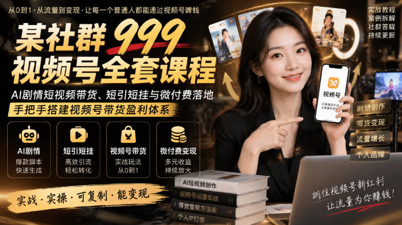 某社群999视频号全套课程，AI剧情短视频带货、短引短挂与微付费落地，手把手搭建视频号带货盈利体系-皮皮网创