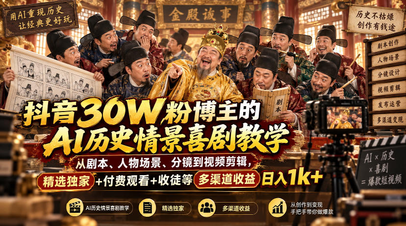 抖音30W粉博主的AI历史情景喜剧教学，从剧本、人物场景、分镜到视频剪辑，精选独家+付费观看+收徒等多渠道收益日入1k+-皮皮网创