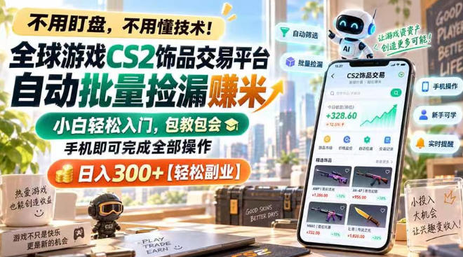 全球游戏CS2饰品交易平台自动批量捡漏賺米,小白轻松入门,包教包会,手机即可完成全部操作,日入300+【揭秘】-皮皮网创