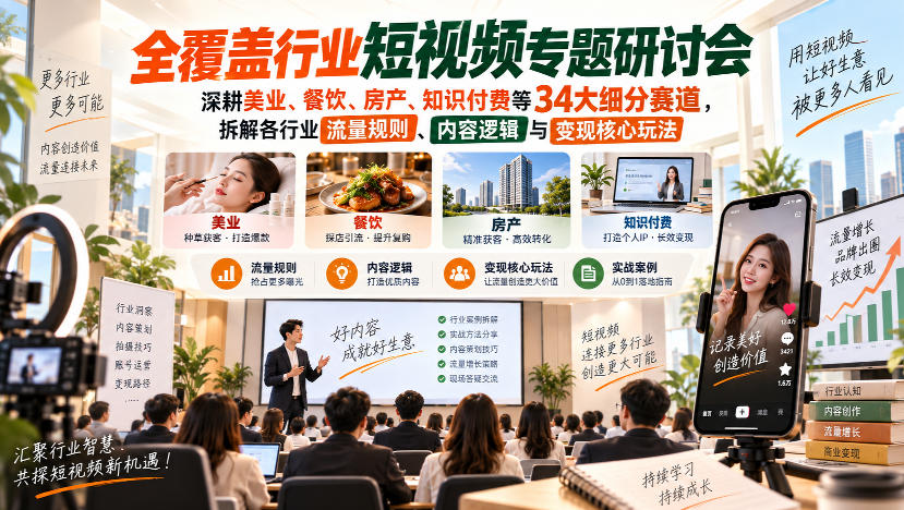 短视频专题研讨会,深耕美业、餐饮、房产、知识付费等34大细分赛道,拆解各行业流量规则、内容逻辑与变现核心玩法-皮皮网创