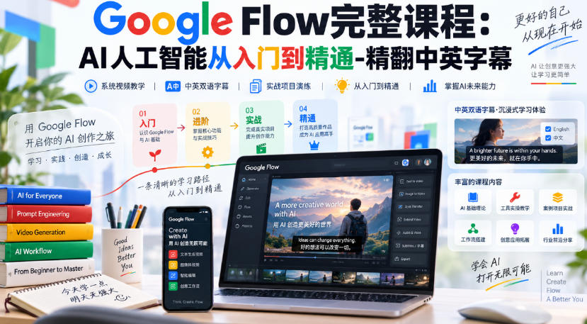 【无水印】Google Flow完整课程:AI人工智能从入门到精通-精翻中英字幕-皮皮网创