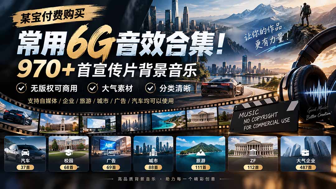 某宝付费购买，常用6G音效合集！970+首宣传片背景音乐，无版权可商用大气素材，分类清晰-皮皮网创