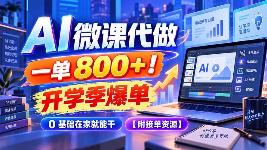 AI 微课代做,一单 800+!开学季爆单,0 基础在家就能干【附接单资源】-皮皮网创