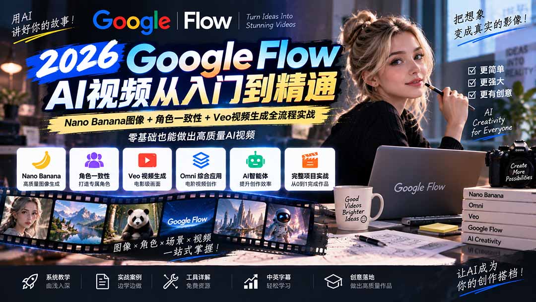 【无水印】Google Flow AI视频从入门到精通：Nano Banana图像+角色一致性+Veo视频生成全流程实战-精翻中英字幕-皮皮网创