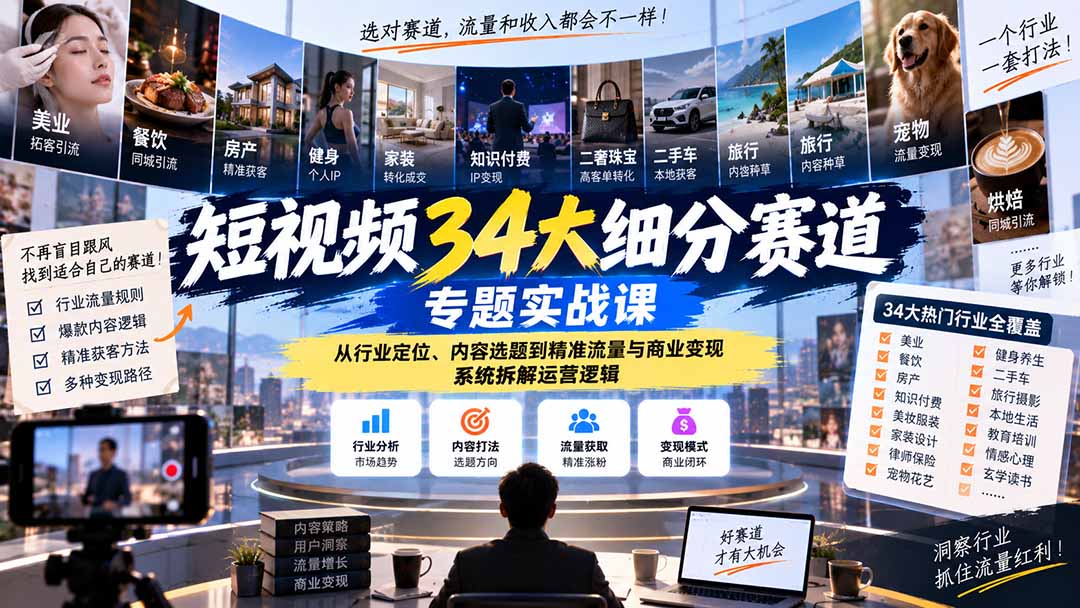短视频34大细分赛道专题实战课：从行业定位、内容选题到精准流量与商业变现，系统拆解运营逻辑-皮皮网创
