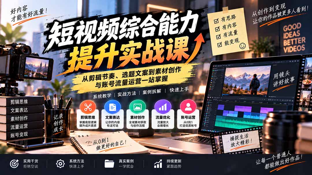 短视频综合能力提升实战课：从剪辑节奏、选题文案到素材创作与账号流量运营一站掌握-皮皮网创