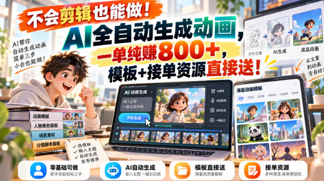 不会剪辑也能做！AI全自动生成动画，一单纯賺800+，模板+接单资源直接送！【揭秘】-皮皮网创