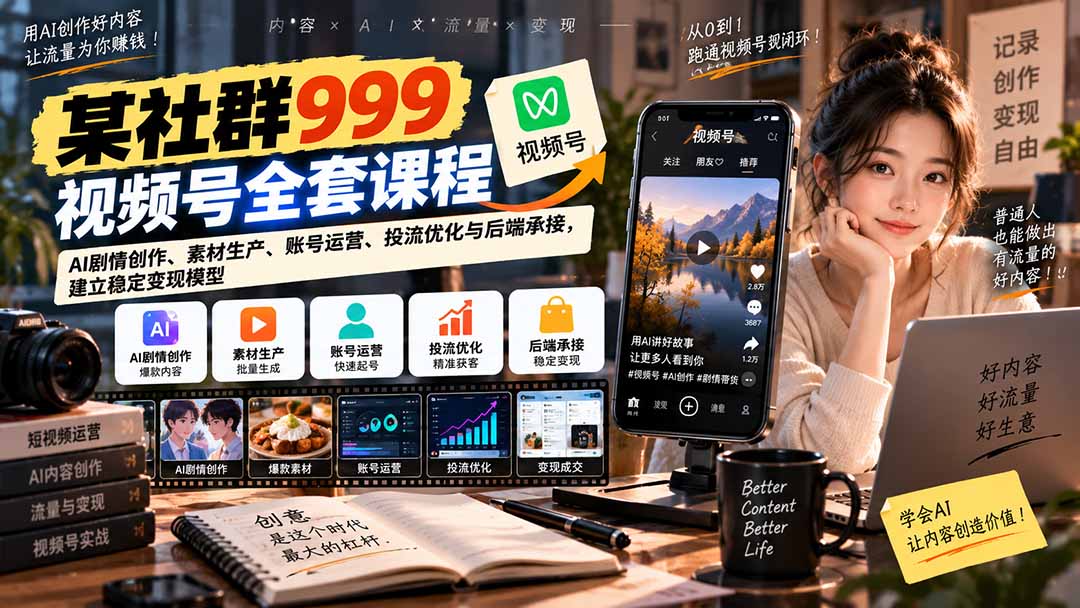 【无水印】某社群999视频号全套课程：AI剧情创作、素材生产、账号运营、投流优化与后端承接，建立稳定变现模型-皮皮网创