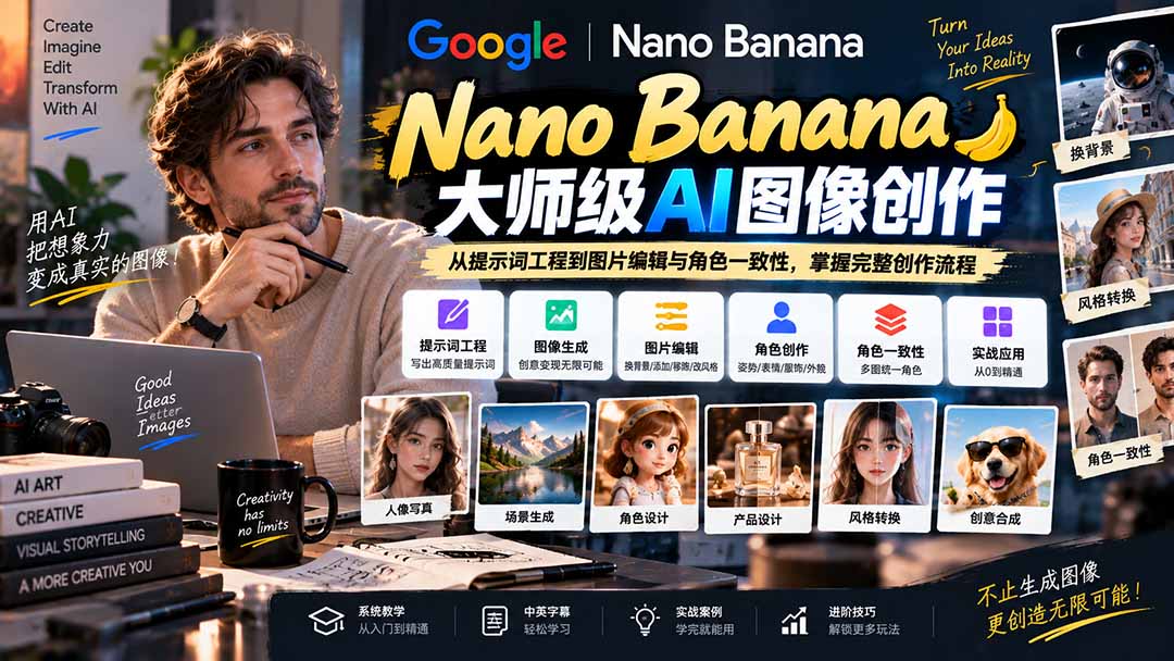【无水印】Nano Banana大师级AI图像实战课:从提示词工程到图片编辑与角色一致性,掌握完整创作流程-皮皮网创
