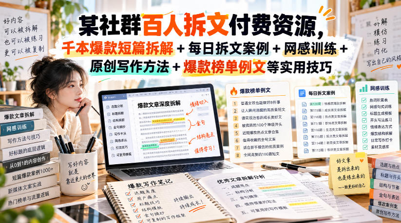 某社群百人拆文付费资源,千本爆款短篇拆解+每日拆文案例+网感训练+原创写作方法+爆款榜单例文等实用技巧(持续更新)-皮皮网创