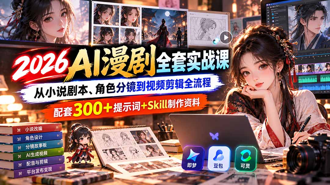 【无水印】2026AI漫剧全套实战课:从小说剧本、角色分镜到视频剪辑全流程,配套300+提示词+Skill制作资料-皮皮网创