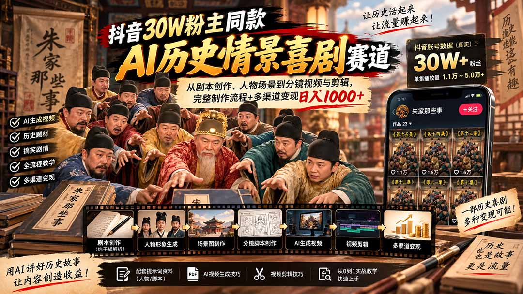 抖音30W粉博主同款AI历史情景喜剧赛道：从剧本创作、人物场景到分镜视频与剪辑，完整制作流程+多渠道变现日入1000+-皮皮网创