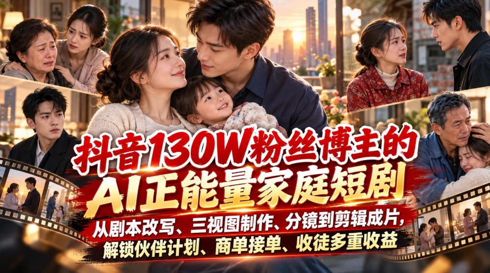 抖音130W粉丝博主的AI正能量家庭短剧,从剧本改写、三视图制作、分镜到剪辑成片,解锁伙伴计划、商单接单、收徒多重收益-皮皮网创