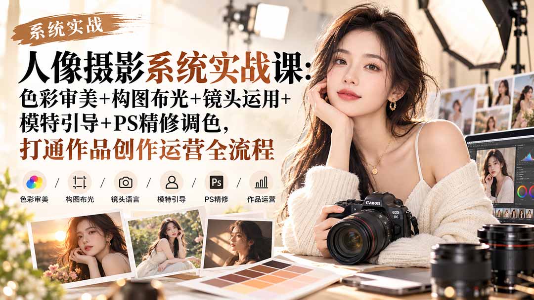 【无水印】人像摄影系统实战课：色彩审美+构图布光+镜头运用+模特引导+PS精修调色，打通作品创作运营全流程-皮皮网创