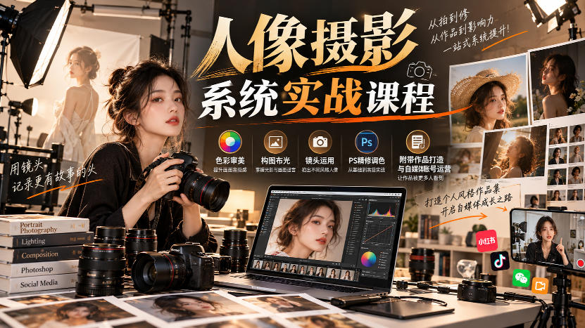 【无水印】人像摄影系统实战课程，色彩审美、构图布光、镜头运用、PS精修调色，附带作品打造与自媒体账号运营-皮皮网创
