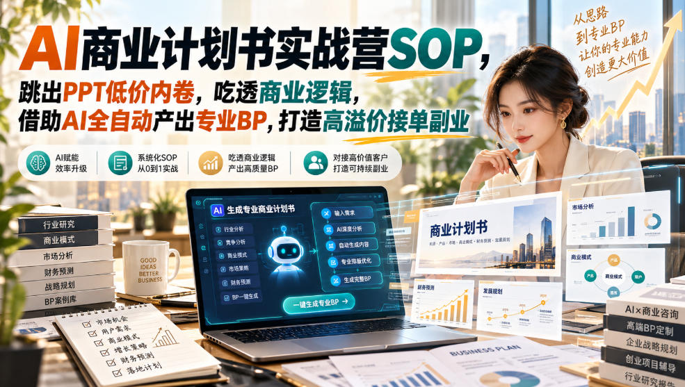 AI商业计划书实战营SOP，跳出PPT低价内卷，吃透商业逻辑，借助AI全自动产出专业BP，打造高溢价接单副业-皮皮网创