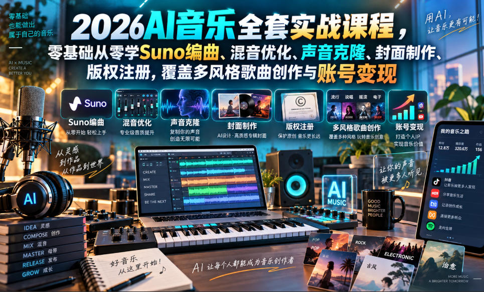 2026AI音乐实战课程，零基础从零学Suno编曲、混音优化、声音克隆、版权注册，覆盖多风格歌曲创作与账号变现(更新0924)-皮皮网创