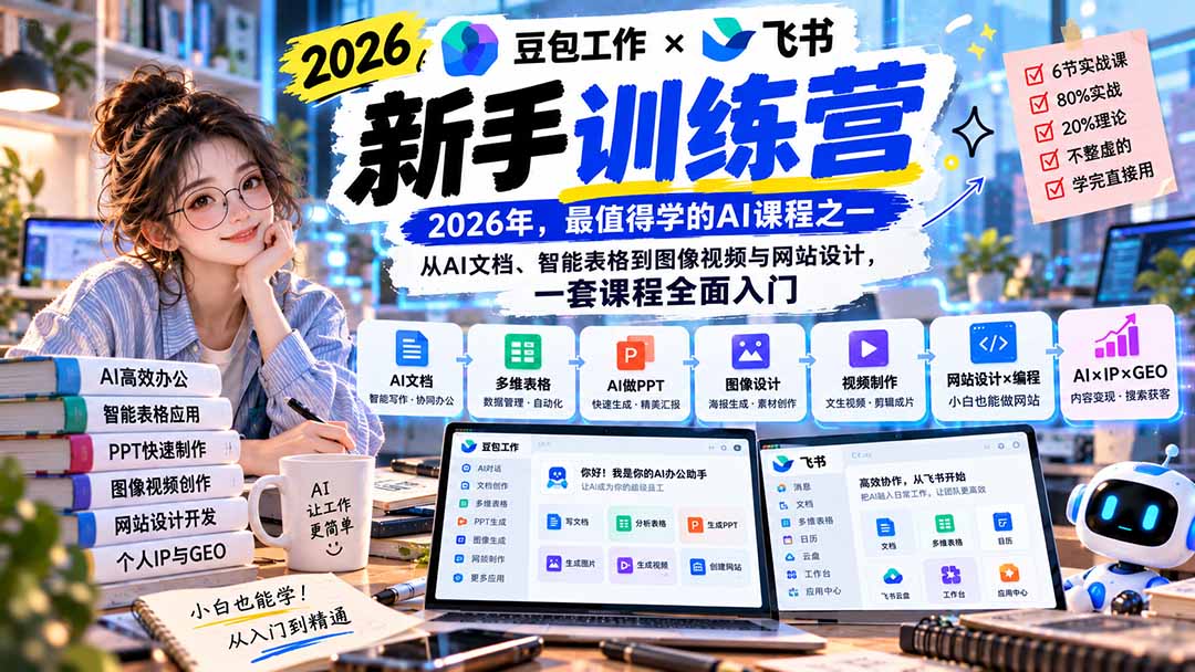 2026豆包工作+飞书新手训练营-9月新课:从AI文档、智能表格到图像视频与网站设计,一套课程全面入门-皮皮网创
