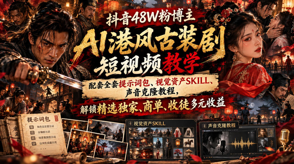 抖音48W粉博主AI港风古装剧短视频教学，配套全套提示词包、视觉资产SKILL、声音克隆教程，解锁精选独家、商单、收徒多元收益-皮皮网创