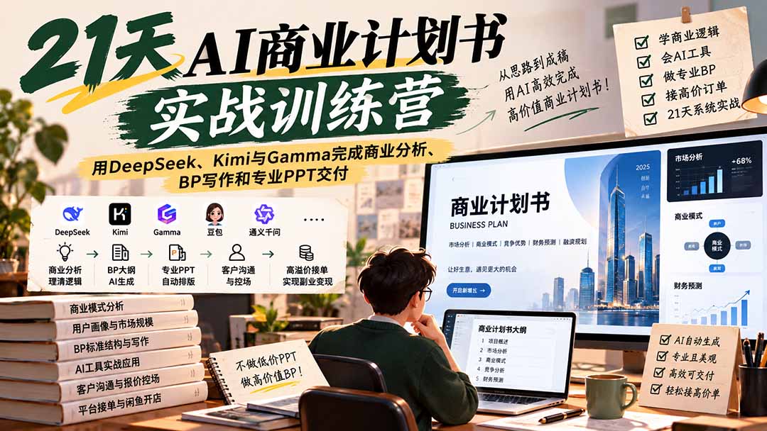 【无水印】21天AI商业计划书实战训练营：用DeepSeek、Kimi与Gamma完成商业分析、BP写作和专业PPT交付-皮皮网创