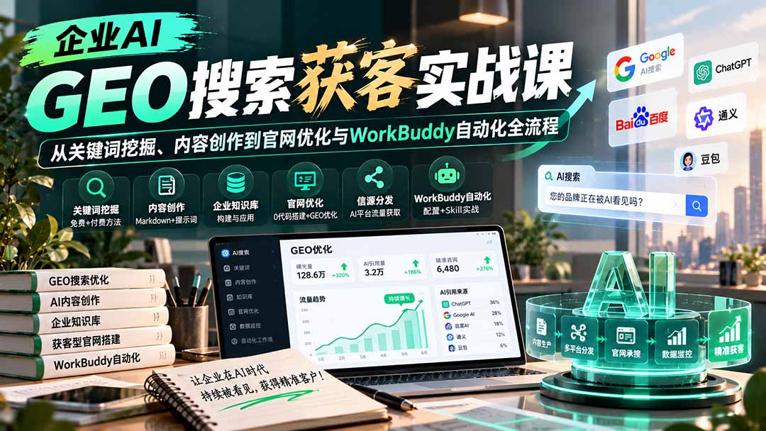 企业AI GEO搜索获客实战课:从关键词挖掘、内容创作到官网优化与WorkBuddy自动化全流程-皮皮网创