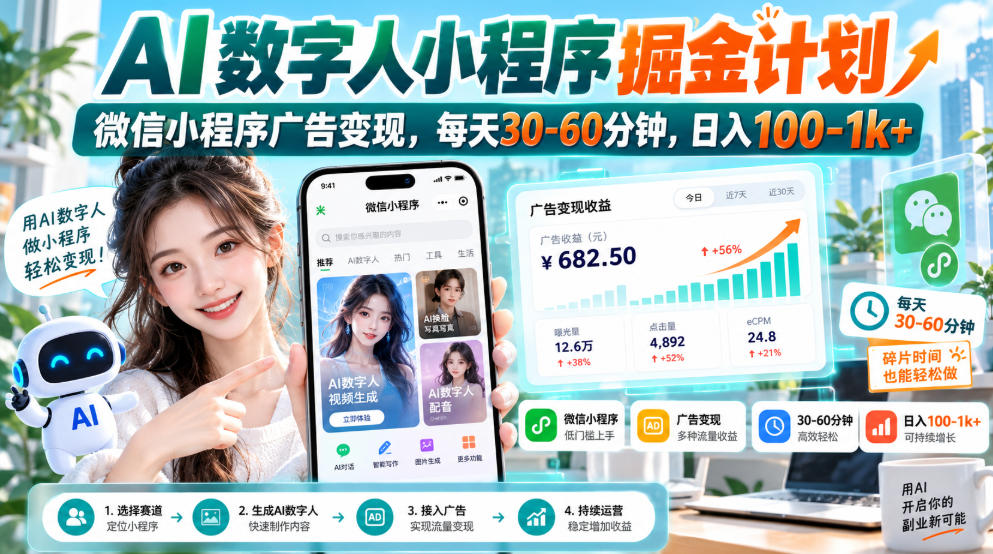 【无水印】AI数字人小程序掘金计划,微信小程序广告变现,每天30‑60分钟,日入100‑1k+-皮皮网创