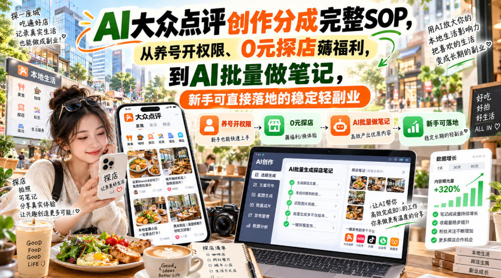 【无水印】AI大众点评创作分成完整SOP，从养号开权限、0元探店薅福利，到AI批量做笔记，新手可直接落地的稳定轻副业-皮皮网创