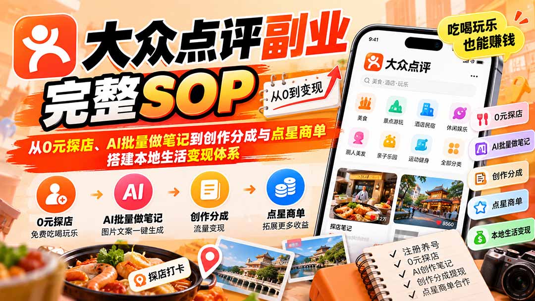 【无水印】大众点评副业完整SOP：从0元探店、AI批量做笔记到创作分成与点星商单，搭建本地生活变现体系-皮皮网创