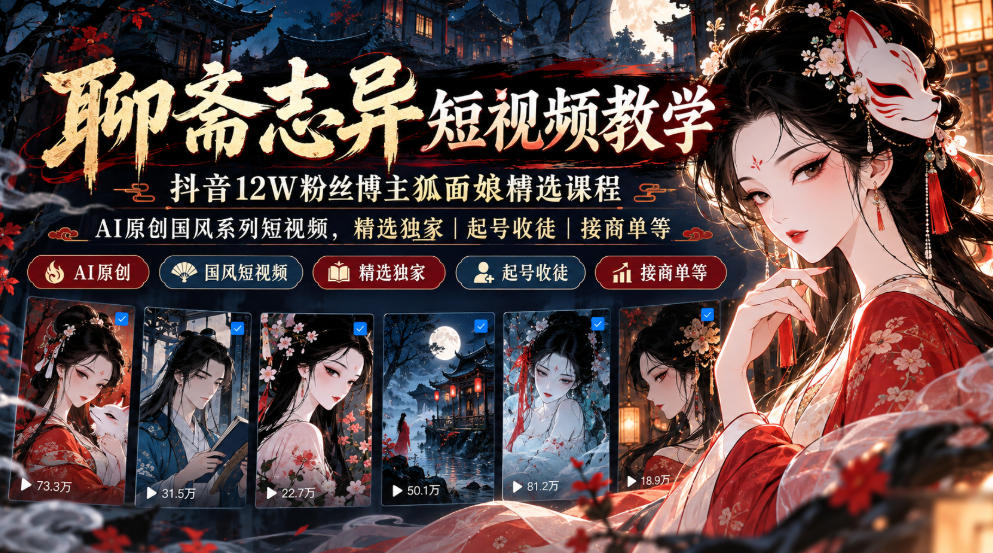 聊斋志异短视频教学,抖音12W粉丝博主狐面娘精选课程,AI原创国风系列短视频,精选独家丨起号收徒丨接商单等-皮皮网创