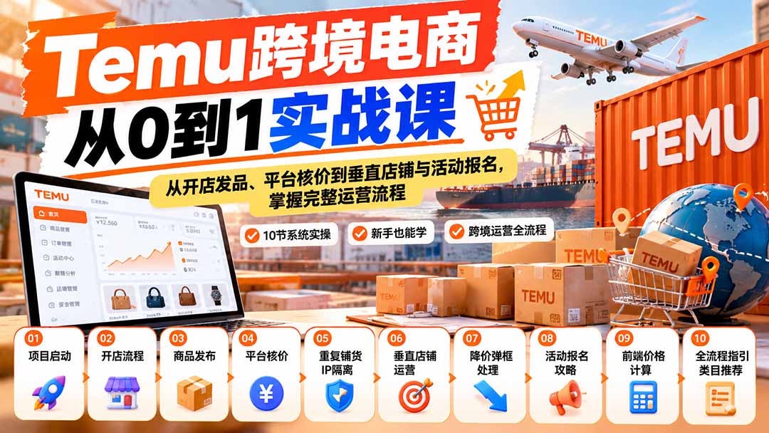 【无水印】Temu跨境电商从0到1实战课:从开店发品、平台核价到垂直店铺与活动报名,掌握完整运营流程-皮皮网创
