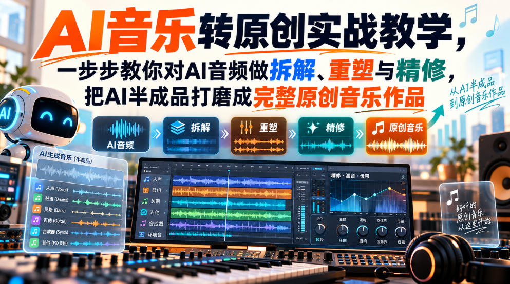 AI音乐转原创实战教学，一步步教你对AI音频做拆解、重塑与精修，把AI半成品打磨成完整原创音乐作品-皮皮网创