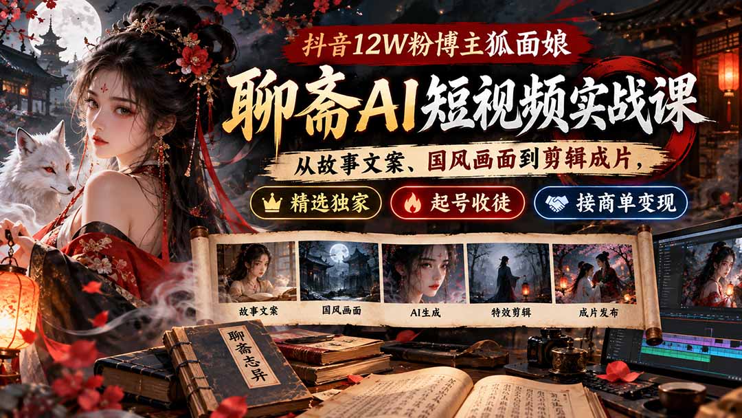 抖音12W粉博主狐面娘-聊斋AI短视频实战课：从故事文案、国风画面到剪辑成片，精选独家+起号收徒+接商单变现-皮皮网创