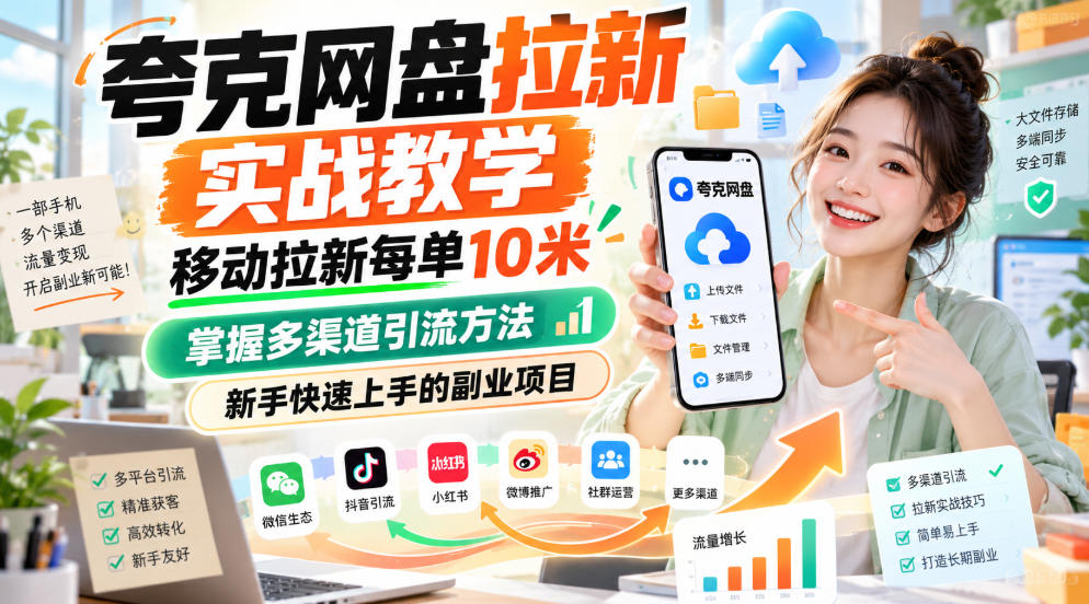 夸克网盘拉新实战教学,移动拉新每单10米,掌握多渠道引流方法,新手快速上手的副业项目-皮皮网创
