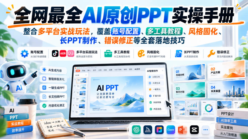 全网最全AI原创PPT实操手册，整合多平台实战玩法，覆盖账号配置、多工具教程、风格固化、长PPT制作、错误修正等全套落地技巧-皮皮网创
