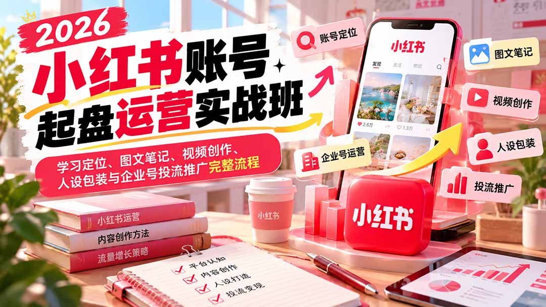 2026小红书账号起盘运营实战班：学习定位、图文笔记、视频创作、人设包装与企业号投流推广完整流程-皮皮网创