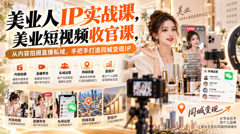 【无水印】美业人IP实战课,美业短视频收官课,从内容拍摄直播私域,手把手打造同城变现IP-皮皮网创